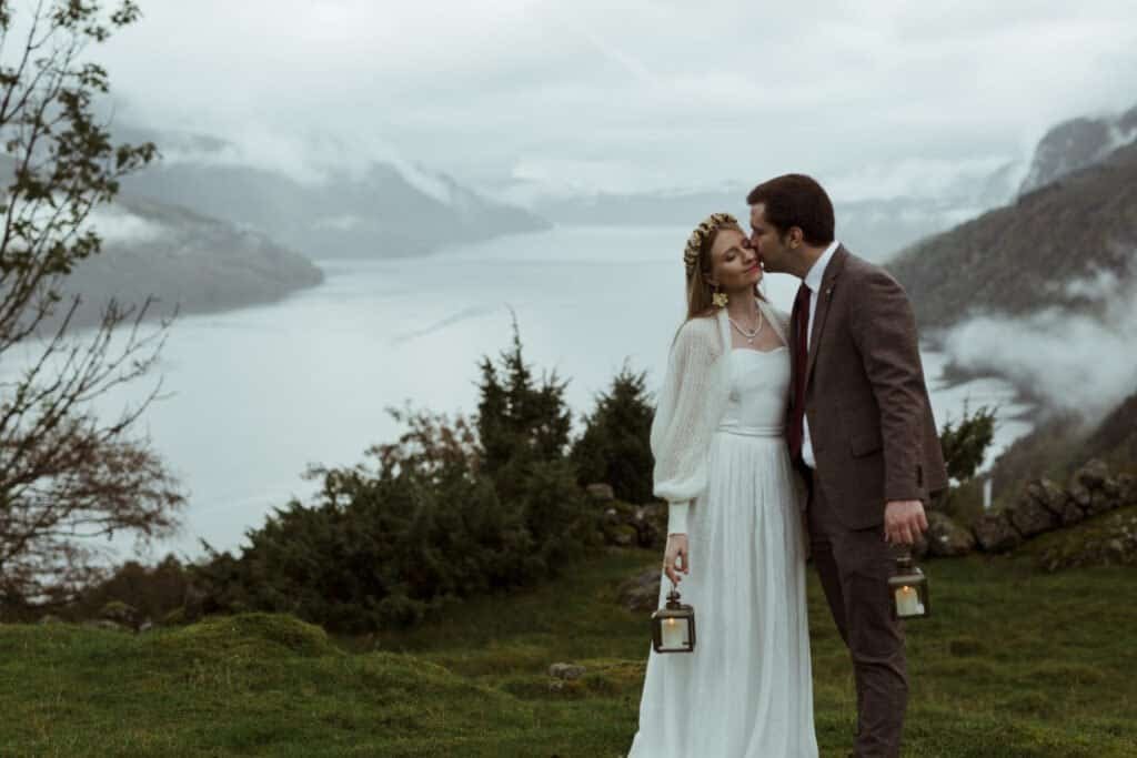 a couple during their fjord wedding in norway