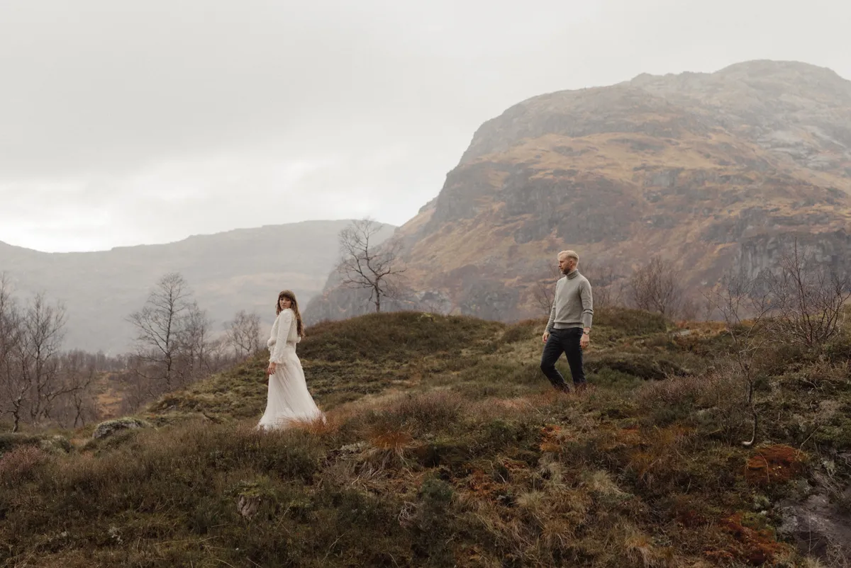 couple in the mountains for their intimate wedding in norway